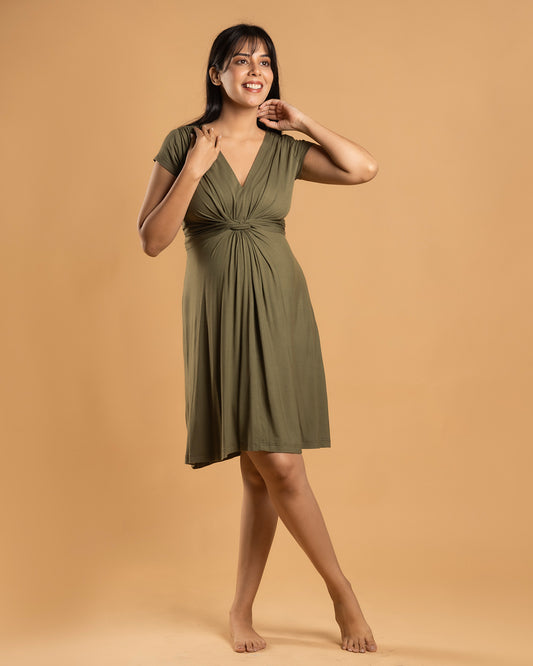 Block Hop Olive Maternity Knot Dress-Solid Color-Organic Bamboo Cotton-V Neck-Half Sleeves-Bump Friendly