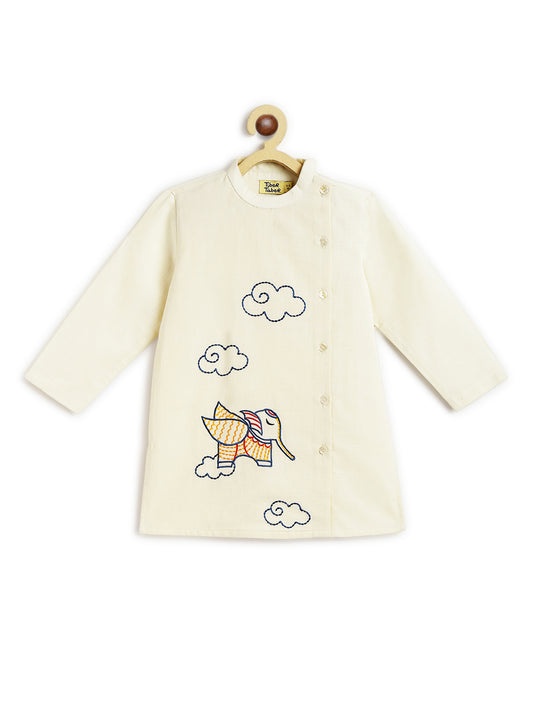 Tiber Taber Off White & Blue Kurta Pajama-Udta Haathi Embroidery-Cotton-For Infants