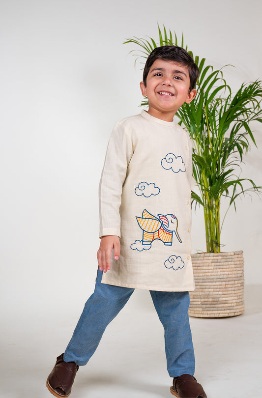 Tiber Taber Off White & Blue Kurta Pajama-Udta Haathi Embroidery-Cotton-For Infants