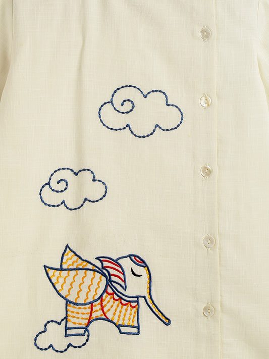 Tiber Taber Off White & Blue Kurta Pajama-Udta Haathi Embroidery-Cotton-For Infants