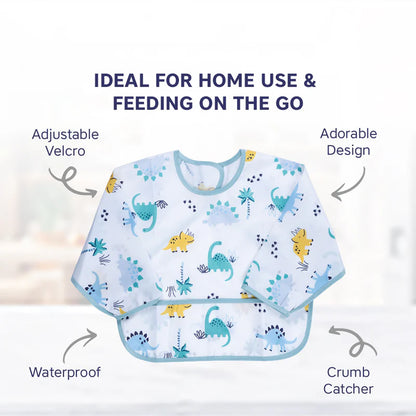 Hopop Long Sleeve Waterproof Baby Bib-Dino Jungle-With Crumb Catcher-Adjustable Neck Closure-For Infants