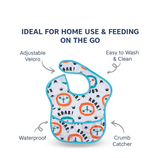 Hopop Waterproof Baby Apron Bib-Roar-With Crumb Catcher-Adjustable Neck Closure-For Infants