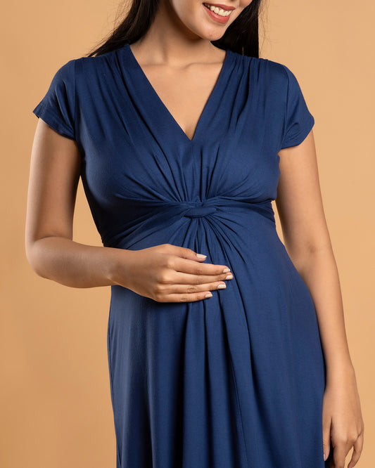 Block Hop Blue Maternity Knot Dress-Solid Color-Organic Bamboo Cotton-V Neck-Half Sleeves-Bump Friendly