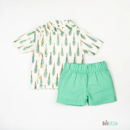 BeeLittle Off White & Green Jhabla Set-Green Trees-Cotton-For Infants