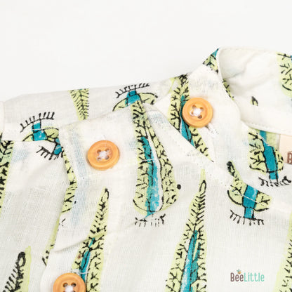 BeeLittle Off White & Green Jhabla Set-Green Trees-Cotton-For Infants