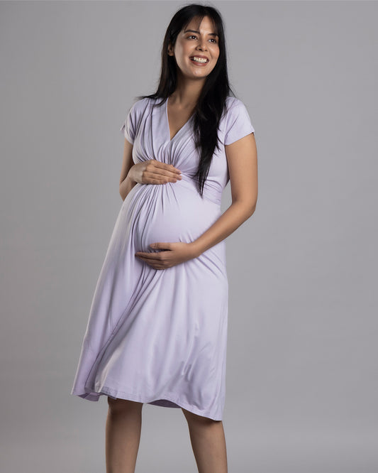 Block Hop Lilac Maternity Knot Dress-Solid Color-Organic Bamboo Cotton-V Neck-Half Sleeves-Bump Friendly