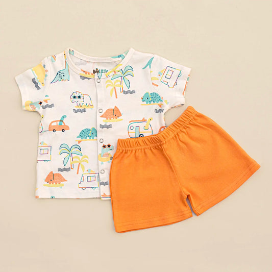 BeeLittle White & Orange Jhabla Set-Playful Dino-Cotton-For Infants