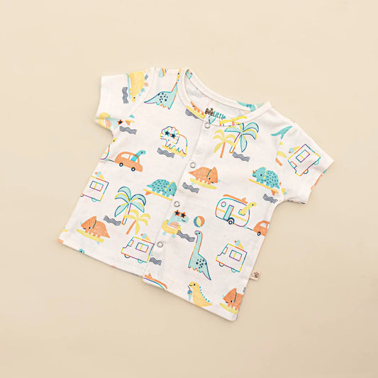 BeeLittle White & Orange Jhabla Set-Playful Dino-Cotton-For Infants