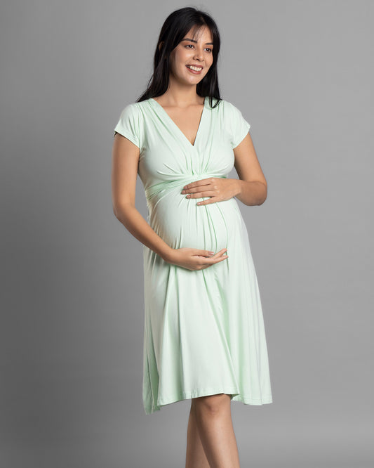 Block Hop Lime Maternity Knot Dress-Solid Color-Organic Bamboo Cotton-V Neck-Half Sleeves-Bump Friendly