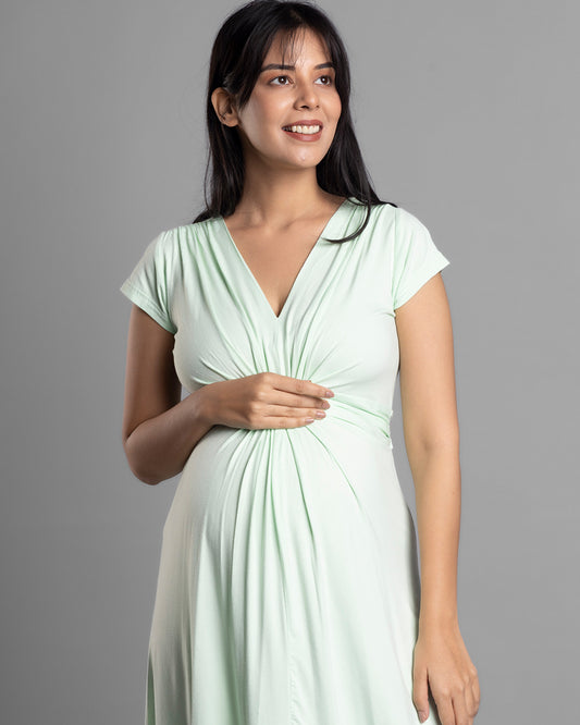 Block Hop Lime Maternity Knot Dress-Solid Color-Organic Bamboo Cotton-V Neck-Half Sleeves-Bump Friendly