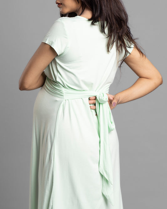 Block Hop Lime Maternity Knot Dress-Solid Color-Organic Bamboo Cotton-V Neck-Half Sleeves-Bump Friendly