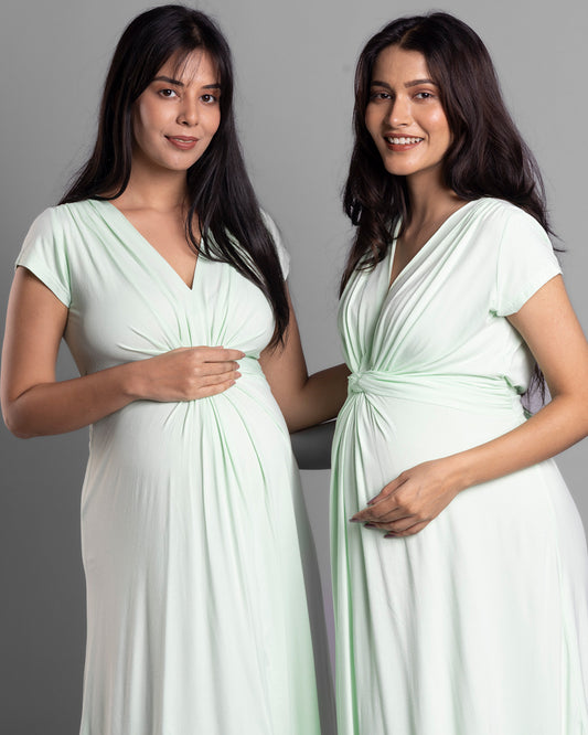 Block Hop Lime Maternity Knot Dress-Solid Color-Organic Bamboo Cotton-V Neck-Half Sleeves-Bump Friendly