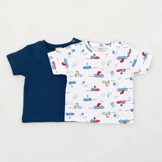 BeeLittle Blue & White T-shirt-Dino in Car-Organic Cotton-Pack of 2-For Infants