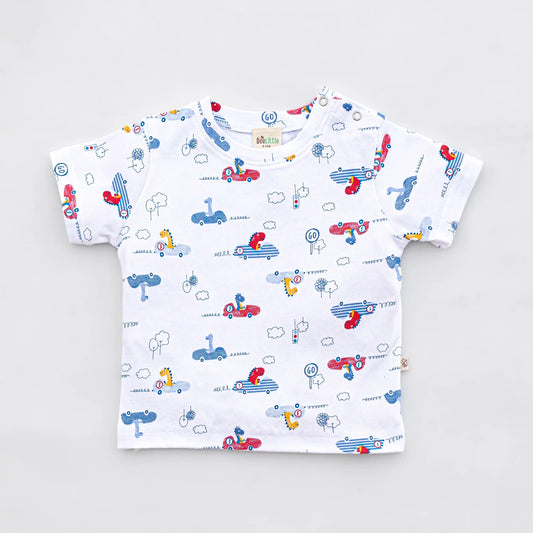 BeeLittle Blue & White T-shirt-Dino in Car-Organic Cotton-Pack of 2-For Infants