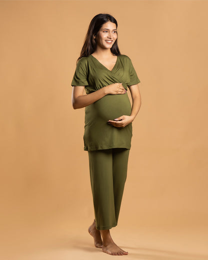 Block Hop Olive Maternity Nursing Coord Set-Solid Color-Organic Bamboo Cotton-Half Sleeves-Bump Friendly