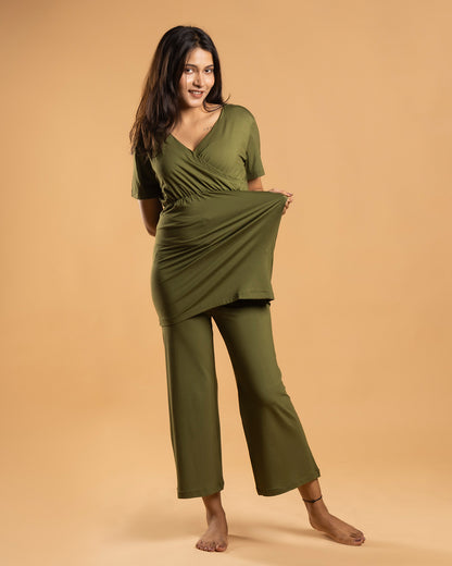 Block Hop Olive Maternity Nursing Coord Set-Solid Color-Organic Bamboo Cotton-Half Sleeves-Bump Friendly