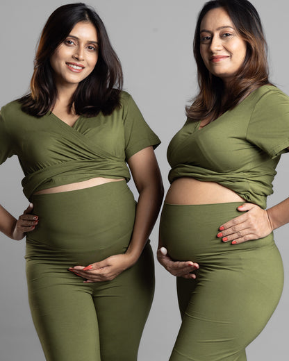 Block Hop Olive Maternity Nursing Coord Set-Solid Color-Organic Bamboo Cotton-Half Sleeves-Bump Friendly