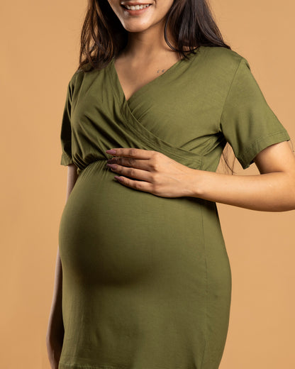 Block Hop Olive Maternity Nursing Coord Set-Solid Color-Organic Bamboo Cotton-Half Sleeves-Bump Friendly