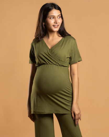 Block Hop Olive Maternity Nursing Coord Set-Solid Color-Organic Bamboo Cotton-Half Sleeves-Bump Friendly