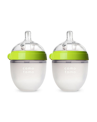 Comotomo Wide Neck Silicone Feeding Bottle-Global Award Winner-With Slow Flow Nipple-0 to 3M-Pack of 2-Dual Anti Colic Vent-150 ml-Green