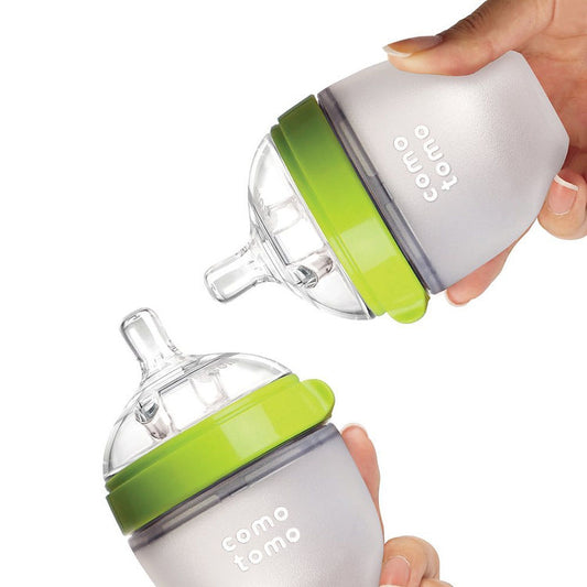 Comotomo Wide Neck Silicone Feeding Bottle-Global Award Winner-With Slow Flow Nipple-0 to 3M-Pack of 2-Dual Anti Colic Vent-150 ml-Green