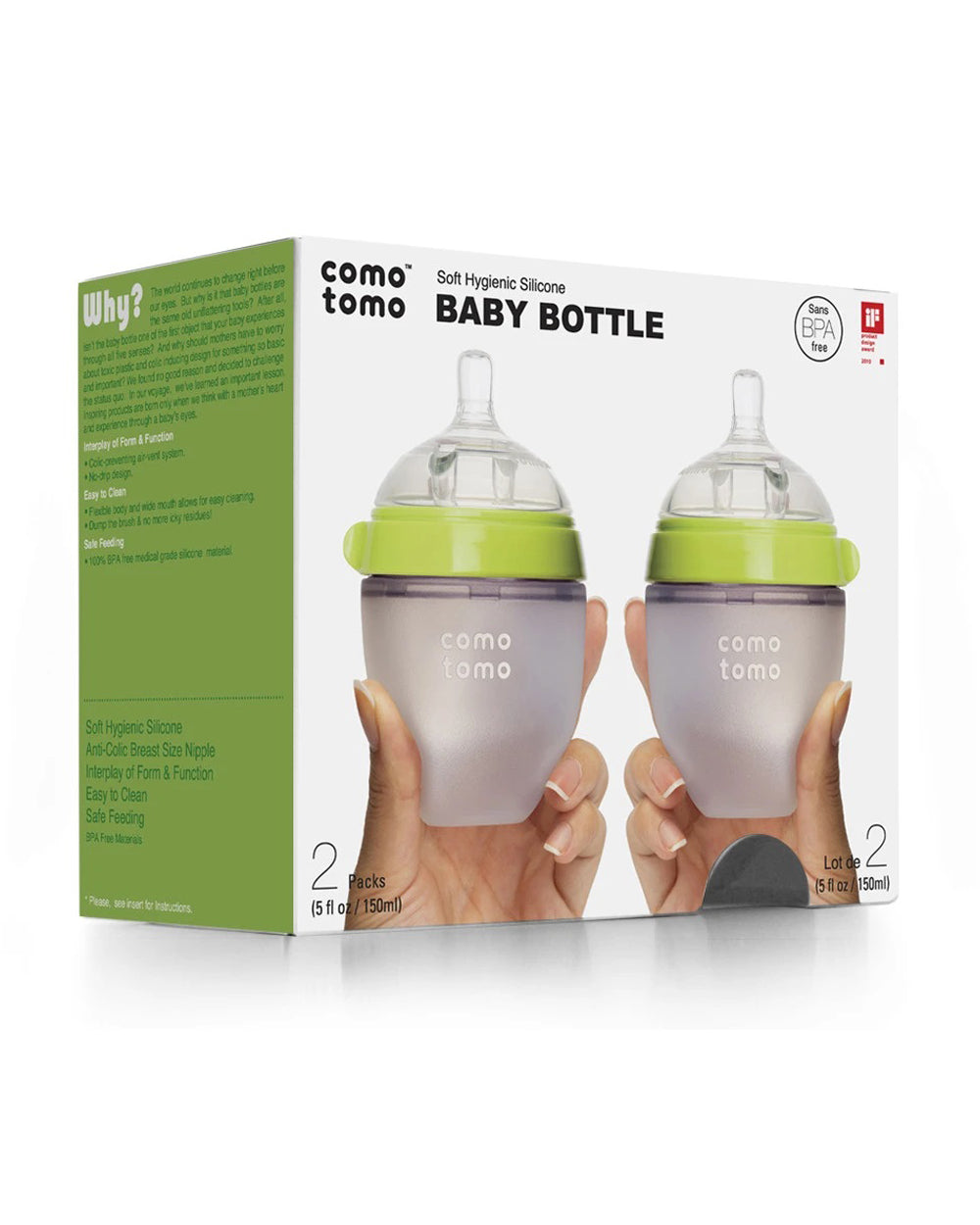 Comotomo Wide Neck Silicone Feeding Bottle-Global Award Winner-With Slow Flow Nipple-0 to 3M-Pack of 2-Dual Anti Colic Vent-150 ml-Green