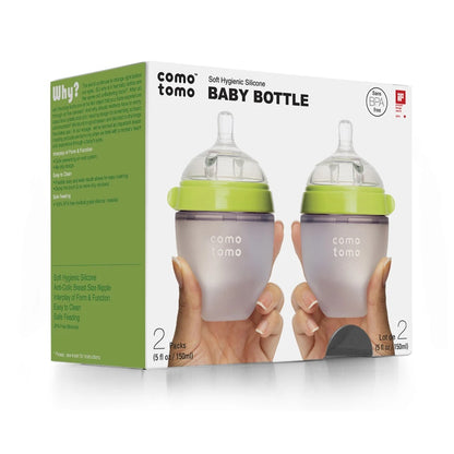 Comotomo Wide Neck Silicone Feeding Bottle-Global Award Winner-With Slow Flow Nipple-0 to 3M-Pack of 2-Dual Anti Colic Vent-150 ml-Green