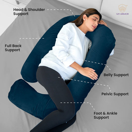 MY ARMOR G Shaped Pregnancy Pillow-Full Body-Navy Blue-Microfibre-Premium Velvet Outer Cover-For Maternity