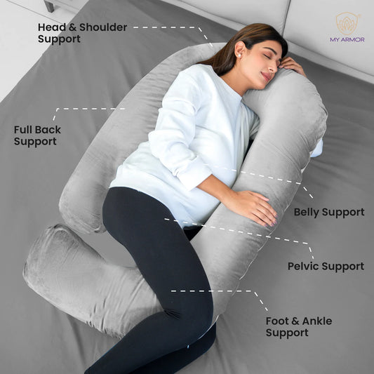 MY ARMOR G Shaped Pregnancy Pillow-Full Body-Grey-Microfibre-Premium Velvet Outer Cover-For Maternity