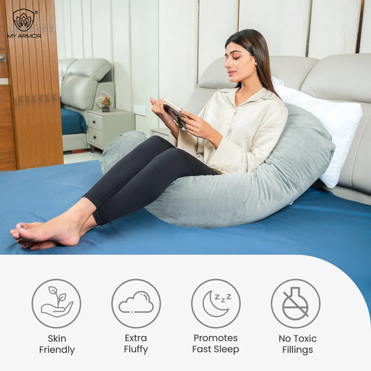 MY ARMOR G Shaped Pregnancy Pillow-Full Body-Grey-Microfibre-Premium Velvet Outer Cover-For Maternity