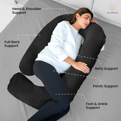 MY ARMOR G Shaped Pregnancy Pillow-Full Body-Black-Microfibre-Premium Velvet Outer Cover-For Maternity