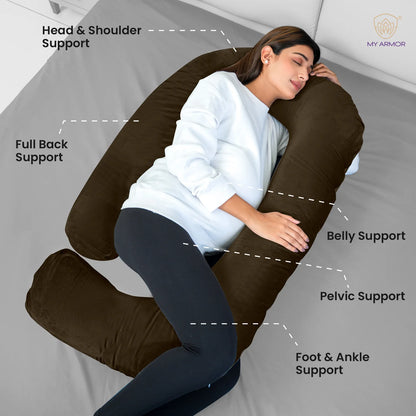 MY ARMOR G Shaped Pregnancy Pillow-Full Body-Brown-Microfibre-Premium Velvet Outer Cover-For Maternity