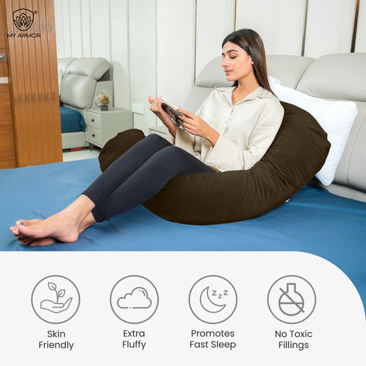 MY ARMOR G Shaped Pregnancy Pillow-Full Body-Brown-Microfibre-Premium Velvet Outer Cover-For Maternity