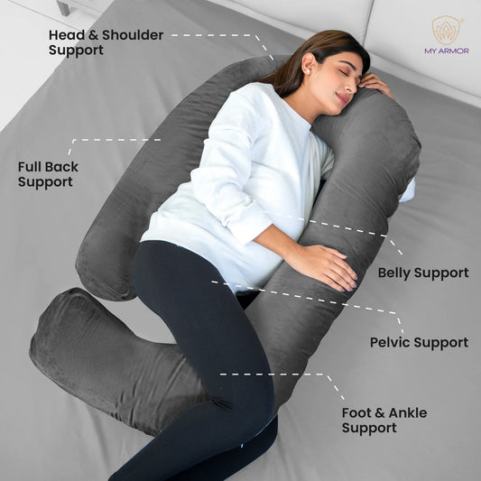 MY ARMOR G Shaped Pregnancy Pillow-Full Body-Dark Grey-Microfibre-Premium Velvet Outer Cover-For Maternity