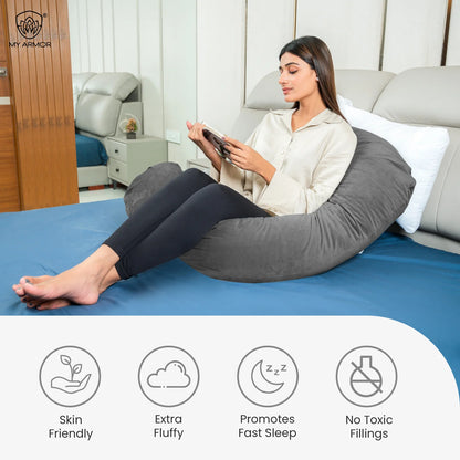 MY ARMOR G Shaped Pregnancy Pillow-Full Body-Dark Grey-Microfibre-Premium Velvet Outer Cover-For Maternity