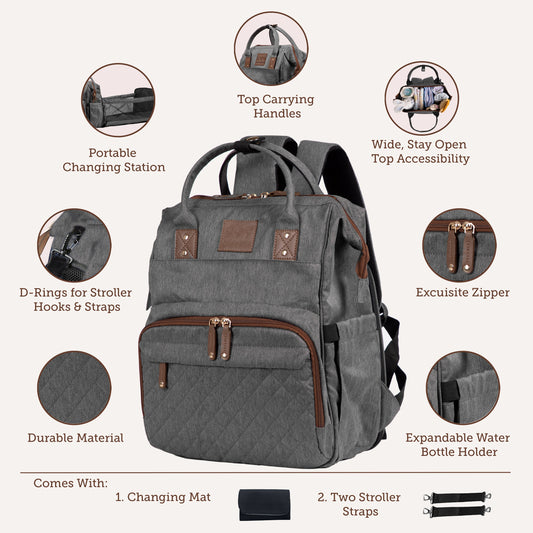 Abracadabra Diaper Bag-Backpack-With Changing Station & Stroller Hooks-Grey