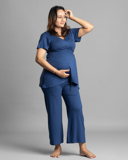 Block Hop Blue Maternity Nursing Wrap Coord Set-Solid Color-Organic Bamboo Cotton-Half Sleeves-Bump Friendly