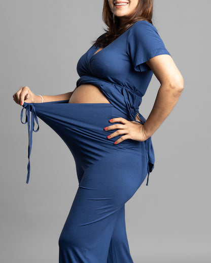 Block Hop Blue Maternity Nursing Wrap Coord Set-Solid Color-Organic Bamboo Cotton-Half Sleeves-Bump Friendly