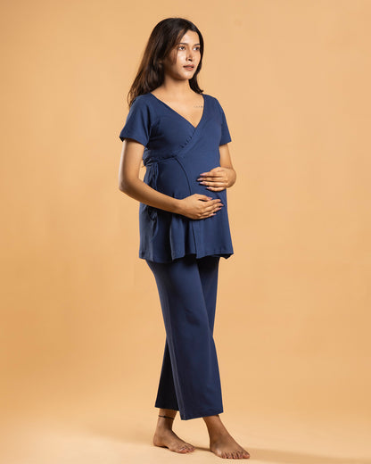 Block Hop Blue Maternity Nursing Wrap Coord Set-Solid Color-Organic Bamboo Cotton-Half Sleeves-Bump Friendly