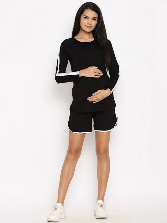 Wobbly Walk Black With White Stripes Maternity Shorts-Solid-Cotton-Loose Fit-Bump Friendly