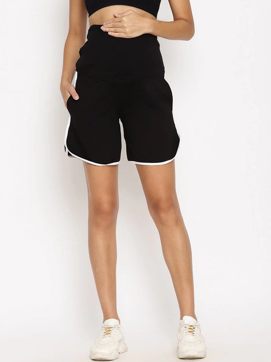 Wobbly Walk Black With White Stripes Maternity Shorts-Solid-Cotton-Loose Fit-Bump Friendly