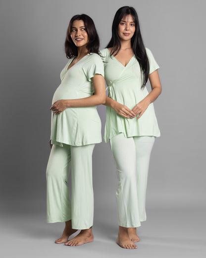 Block Hop Lime Maternity Nursing Wrap Coord Set-Solid Color-Organic Bamboo Cotton-Half Sleeves-Bump Friendly