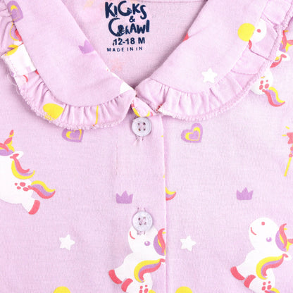 Kicks & Crawl Lilac Nightsuit-Unicorn Love-Cotton-For Infants