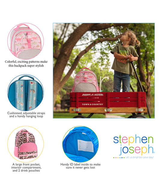 Stephen Joseph All Over Print Backpack-Transportation-Cushioned Adjustable Straps-Two Mesh Bottle Pockets-Cushioned Adjustable Straps-For Toddlers