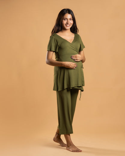 Block Hop Olive Maternity Nursing Wrap Coord Set-Solid Color-Organic Bamboo Cotton-Half Sleeves-Bump Friendly