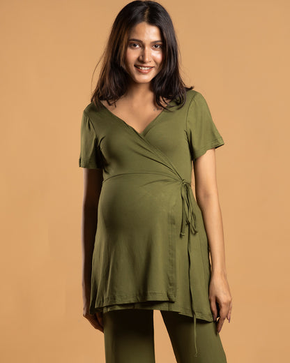 Block Hop Olive Maternity Nursing Wrap Coord Set-Solid Color-Organic Bamboo Cotton-Half Sleeves-Bump Friendly