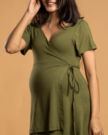 Block Hop Olive Maternity Nursing Wrap Coord Set-Solid Color-Organic Bamboo Cotton-Half Sleeves-Bump Friendly