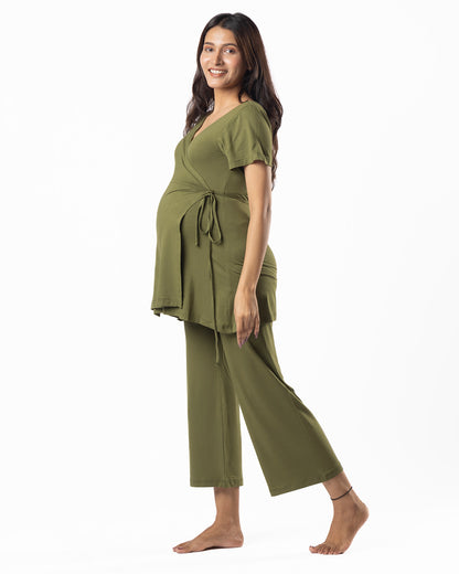 Block Hop Olive Maternity Nursing Wrap Coord Set-Solid Color-Organic Bamboo Cotton-Half Sleeves-Bump Friendly