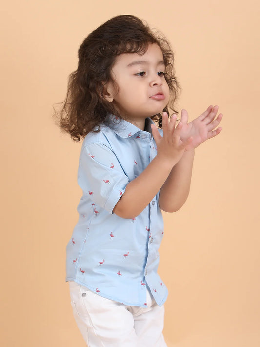 Polka Tots Light Blue Shirt-Flamingo-Cotton-For Infants
