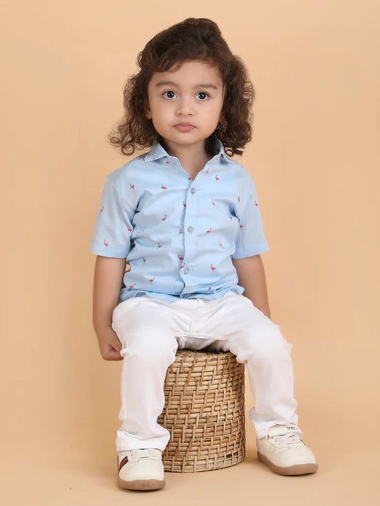 Polka Tots Light Blue Shirt-Flamingo-Cotton-For Infants